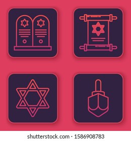 Set line Tombstone with star of david, Star of David, Torah scroll and Hanukkah dreidel. Blue square button. Vector