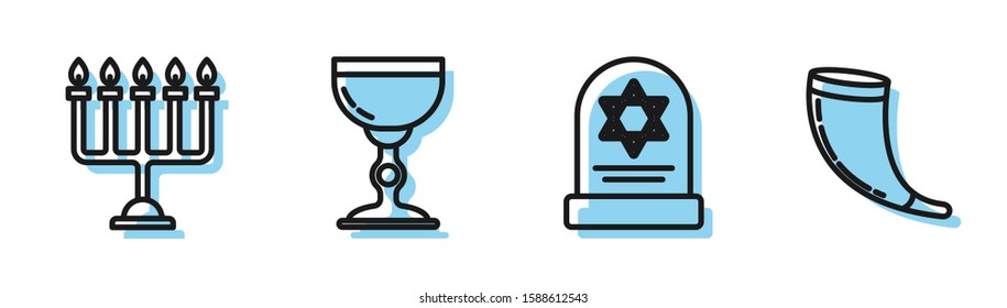 Set line Tombstone with star of david, Hanukkah menorah, Jewish goblet and Traditional ram horn, shofar icon. Vector