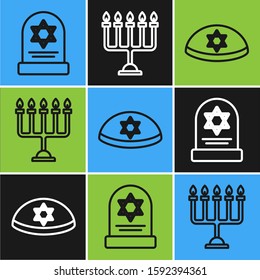 Set line Tombstone with star of david, Jewish kippah with star of david and Hanukkah menorah icon. Vector
