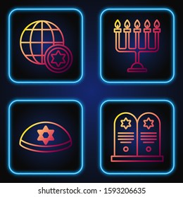 Set line Tombstone with star of david, Jewish kippah with star of david, World Globe and Israel and Hanukkah menorah. Gradient color icons. Vector