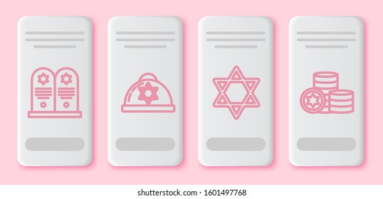Set line Tombstone with star of david, Jewish kippah with star of david, Star of David and Jewish coin. White rectangle button. Vector