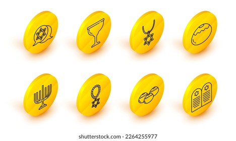 Set line Tombstone with star of david, Jewish sweet bakery, Star David necklace chain, Hanukkah menorah, goblet and  icon. Vector