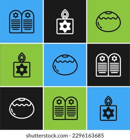 Set line Tombstone with star of david, Jewish sweet bakery and Burning candle icon. Vector