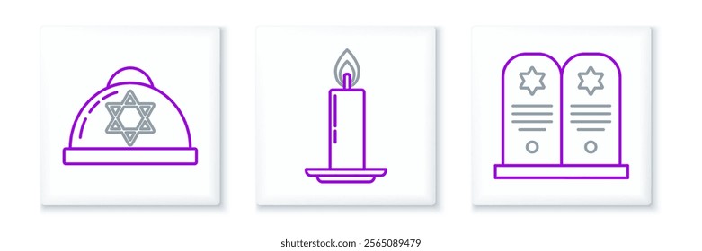 Set line Tombstone with star of david, Jewish kippah and Burning candle in candlestick icon. Vector