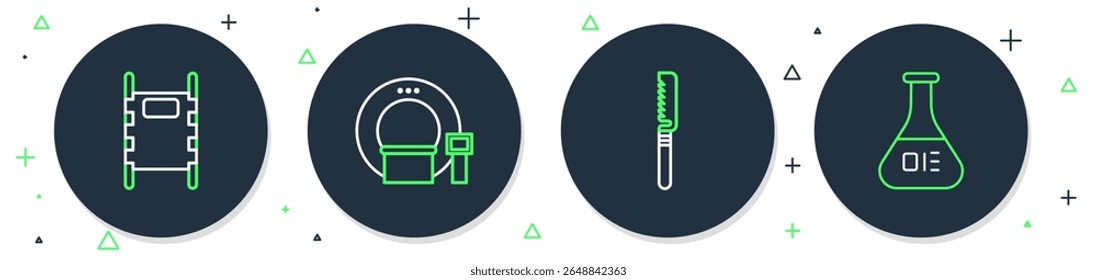 Set line Tomography, Medical saw, Stretcher and Test tube and flask icon. Vector