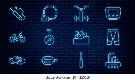 Set line Tool allen keys, Cycling shorts, Bicycle for kids, Unicycle one wheel bicycle, air pump, Mountain and lock icon. Vector