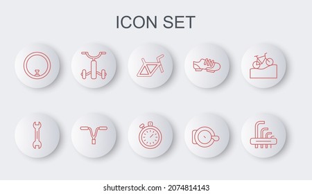 Set line Tool allen keys, Wrench spanner, Bicycle frame, bell, wheel, for kids, handlebar and Stopwatch icon. Vector