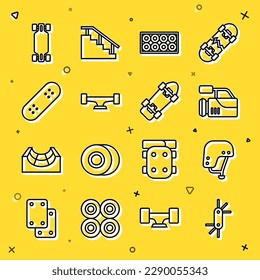 Set line Tool allen keys, Skateboard helmet, Cinema camera, wheel, Longboard or skateboard and  icon. Vector