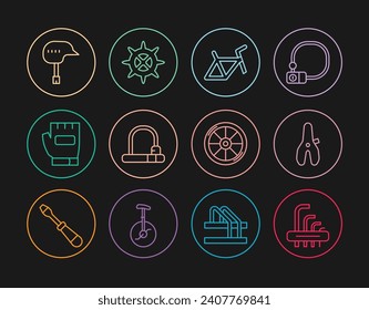 Set line Tool allen keys, Bicycle seat, frame, lock, Gloves, helmet, wheel and sprocket crank icon. Vector