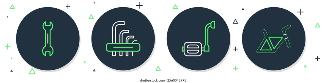 Set line Tool allen keys, Bicycle pedal, Wrench spanner and frame icon. Vector