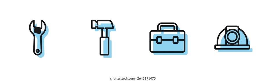 Set line Toolbox, Adjustable wrench, Hammer and Worker safety helmet icon. Vector