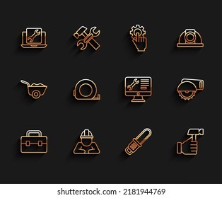 Set line Toolbox, Builder, Laptop service, Chainsaw, Hammer, Roulette construction, Electric circular and Computer monitor icon. Vector