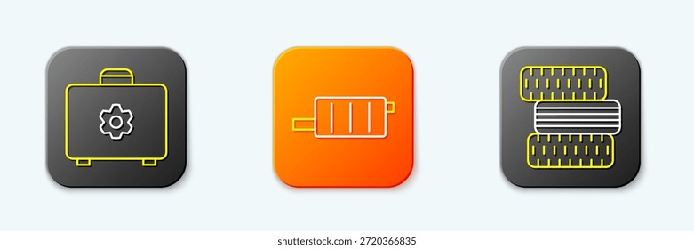 Set line Toolbox, Silenciador de coche e icono de rueda de neumático. Vector