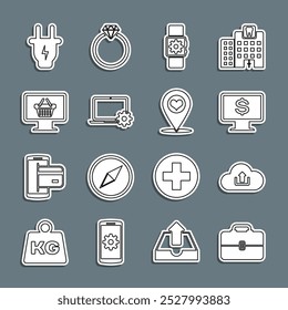 Set line Toolbox, Cloud upload, Monitor with dollar, Smartwatch setting, Laptop and gear, shopping basket, Electric plug and Map pointer heart icon. Vector