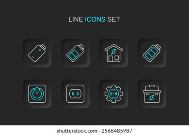 Set line Toolbox electrician, Electrical outlet, Power button, Battery charge, Smart home,  and  icon. Vector