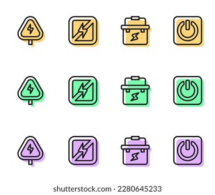 Set line Toolbox electrician, High voltage, No lightning and Power button icon. Vector