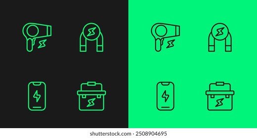 Set line Toolbox electrician, Mobile phone, Hair dryer and Magnet icon. Vector