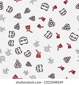 Set line Toolbox, Grapple crane grabbed a log, Electric circular saw and Wooden axe in stump on seamless pattern. Vector
