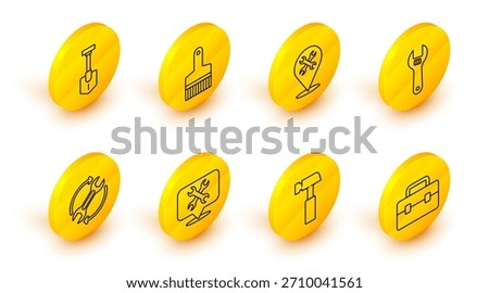 Set line Toolbox, Hammer, Location with wrench, Wrench and arrows as workflow, Adjustable, Paint brush and Shovel icon. Vector