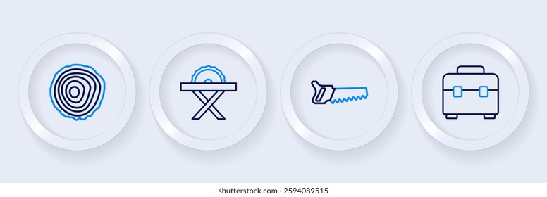 Set line Toolbox, Hand saw, Electric circular and Tree rings icon. Vector