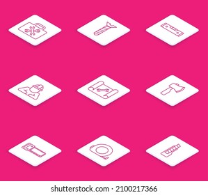 Set line Toolbox, Metallic screw, Construction bubble level, Builder, Graphing paper and wrench, Wooden axe, Hand saw and Roulette construction icon. Vector