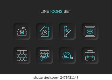 Set line Toolbox, Roulette construction, Brick wall with trowel, Roof tile, Electrical outlet, Industry metallic pipe, House wrench spanner and  icon. Vector