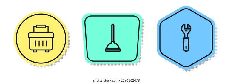 Ajuste la caja de herramientas, el émbolo de goma y el protector de llave. Formas coloreadas. Vector