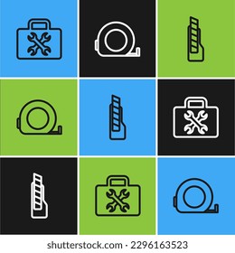 Set line Toolbox, Stationery knife and Roulette construction icon. Vector