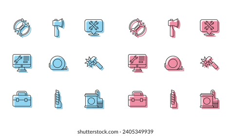 Set line Toolbox, Stationery knife, Wrench and arrows as workflow, Paint bucket brush, Roulette construction, Hammer, Computer monitor service and Wooden axe icon. Vector
