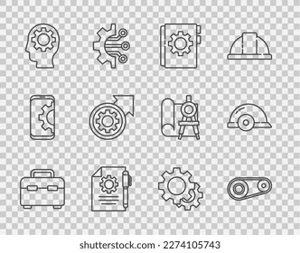 Set line Toolbox, Timing belt kit, User manual, Document settings and pen, Human head with gear inside, Gear arrows as workflow process,  and Worker safety helmet icon. Vector