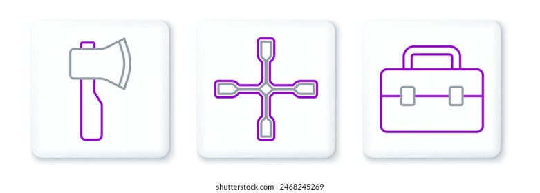 Set line Toolbox, Holzaxt und Radschlüssel Symbol. Vektorgrafik