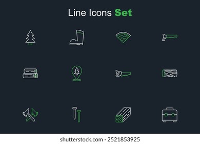 Set line Toolbox, Wooden beam, Metallic nails, axe, log, Hand saw, Location of the forest and  icon. Vector