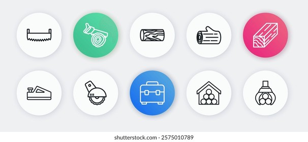 Set line Toolbox, Wooden beam, plane tool, logs, Grapple crane grabbed and Electric circular saw icon. Vector