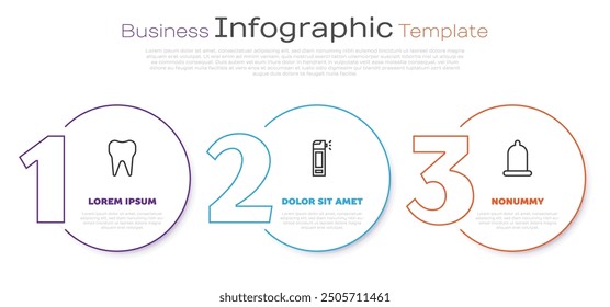 Set line Tooth, Bottle with nozzle spray and Condom. Business infographic template. Vector