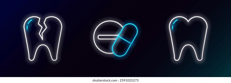 Set line Tooth, Broken tooth and Medicine pill or tablet icon. Glowing neon. Vector