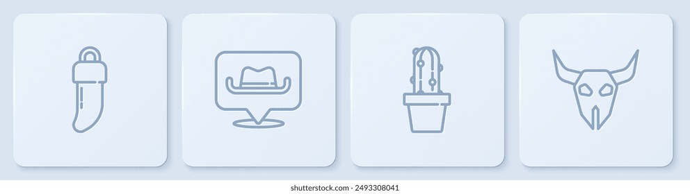 Set line Tooth, Cactus peyote in pot, Location cowboy and Buffalo skull. White square button. Vector