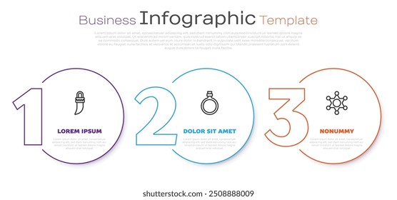 Set line Tooth, Canteen water bottle and Hexagram sheriff. Business infographic template. Vector