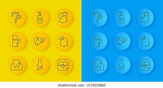 Set line Tooth with caries, Abdominal bloating, Hepatitis virus, Heart rate, Man having headache, Gut constipation, High human body temperature and Liquid antibacterial soap icon. Vector