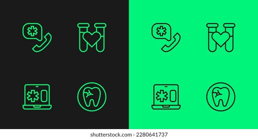 Set line Zahn mit Karies, Klinische Aufnahme auf Laptop, Notruf 911 und Test Tube Blutsymbol. Vektorgrafik