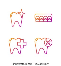 Set line Tooth with caries, Dental clinic for dental care tooth, Tooth whitening concept and Teeth with braces. Gradient color icons. Vector