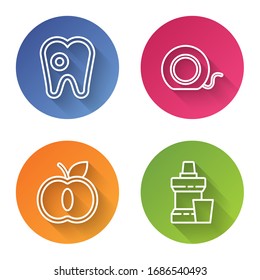 Set line Tooth with caries, Dental floss, Apple and Mouthwash plastic bottle. Color circle button. Vector