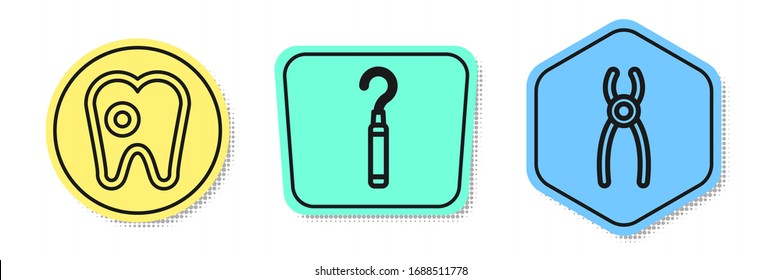 Set line Tooth with caries, Dental explorer scaler for teeth and Dental pliers. Colored shapes. Vector