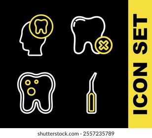 Set line Tooth with caries, Dental explorer scaler,  and Human head tooth icon. Vector