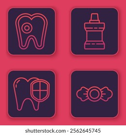 Set line Tooth with caries, Dental protection, Mouthwash plastic bottle and Candy. Blue square button. Vector