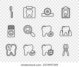 Set line Tooth with caries, Dental pliers, Otolaryngological head reflector, whitening concept, Toothbrush, search, protection and  icon. Vector