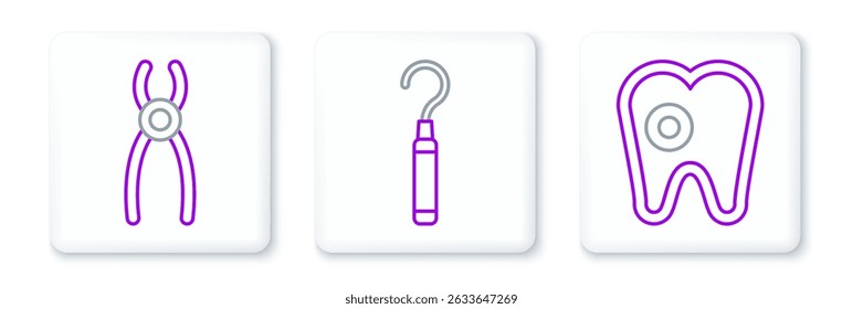 Set line Tooth with caries, Dental pliers and explorer scaler for teeth icon. Vector