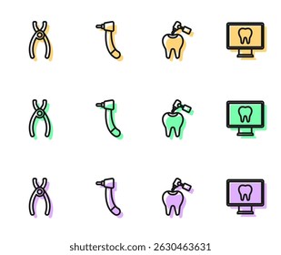 Set line Tooth with caries and drill, Dental pliers,  and Online dental care icon. Vector