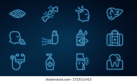 Linha Set Dente com cáries, Kit de primeiros socorros, Homem com cefaleia, Inalador, Homem vômitos, olho avermelhado, frasco de colírio e ícone de osso quebrado humano. Vetor