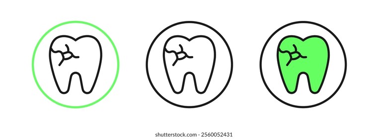 Set line Tooth with caries icon isolated on white background. Tooth decay.  Vector