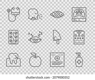 Set line Tooth with caries, Liquid antibacterial soap, Reddish eye, Apple, Stethoscope, Insomnia, Clinical record and Eye test chart icon. Vector